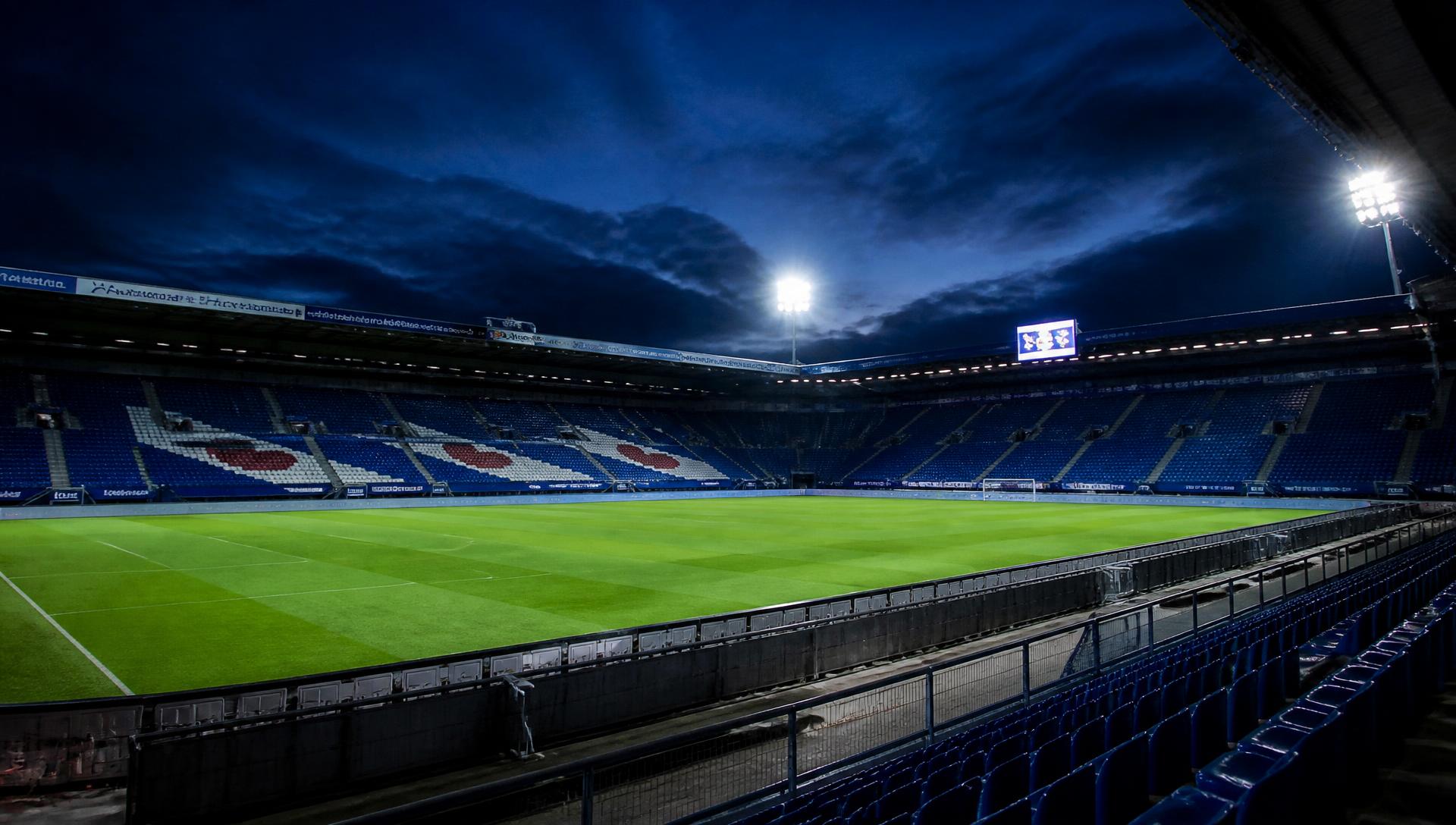 Floodlit professional football stadium in the Netherlands at dusk
